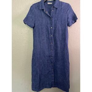 Linen ID Shirt Midi Dress XS/S Blue Linen Chambray Snap Button Minimal Lagenlook